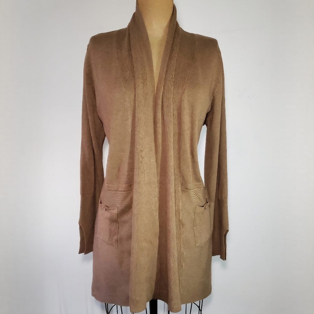 Magaschoni Size XL Cardigan Sweater Knit Open Front Pockets Long Sleeve Tan